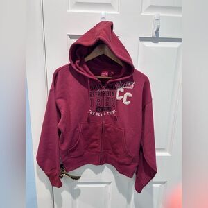 New Coca Cola Teens Burgundy Logo Graphic Long Sleeve Zipper Pockets Hoodie XS